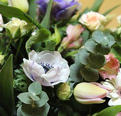Цветочная корзина с минигерберами, тюльпанами и анемонами