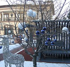  Новогоднее оформление  участка 2013 — Новогоднее украшение деревьев. Большие белые шары-снежки, синие в горох елочные шары.