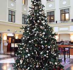 Куртьярд Марриот. Оформление пятиметровой ели в лобби отеля — Оформление новогодней ели.