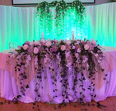 Немчиновка Парк. Свадебное оформление — Флористическое оформление стола жениха и невесты. Вытянутая каскадная композиция; оформление задника тканью и каскадом из плюща и орхидей.