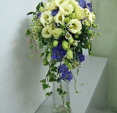 Букет невесты кремово - синий — Маленький нежный букет - капля. Был выполнен для миниатюрной невесты на свадьбу в стиле хиппи. Использованы садовые и полевые цветы: Лизиантус, дельфиниум, гортензия, ромашки, плющ.